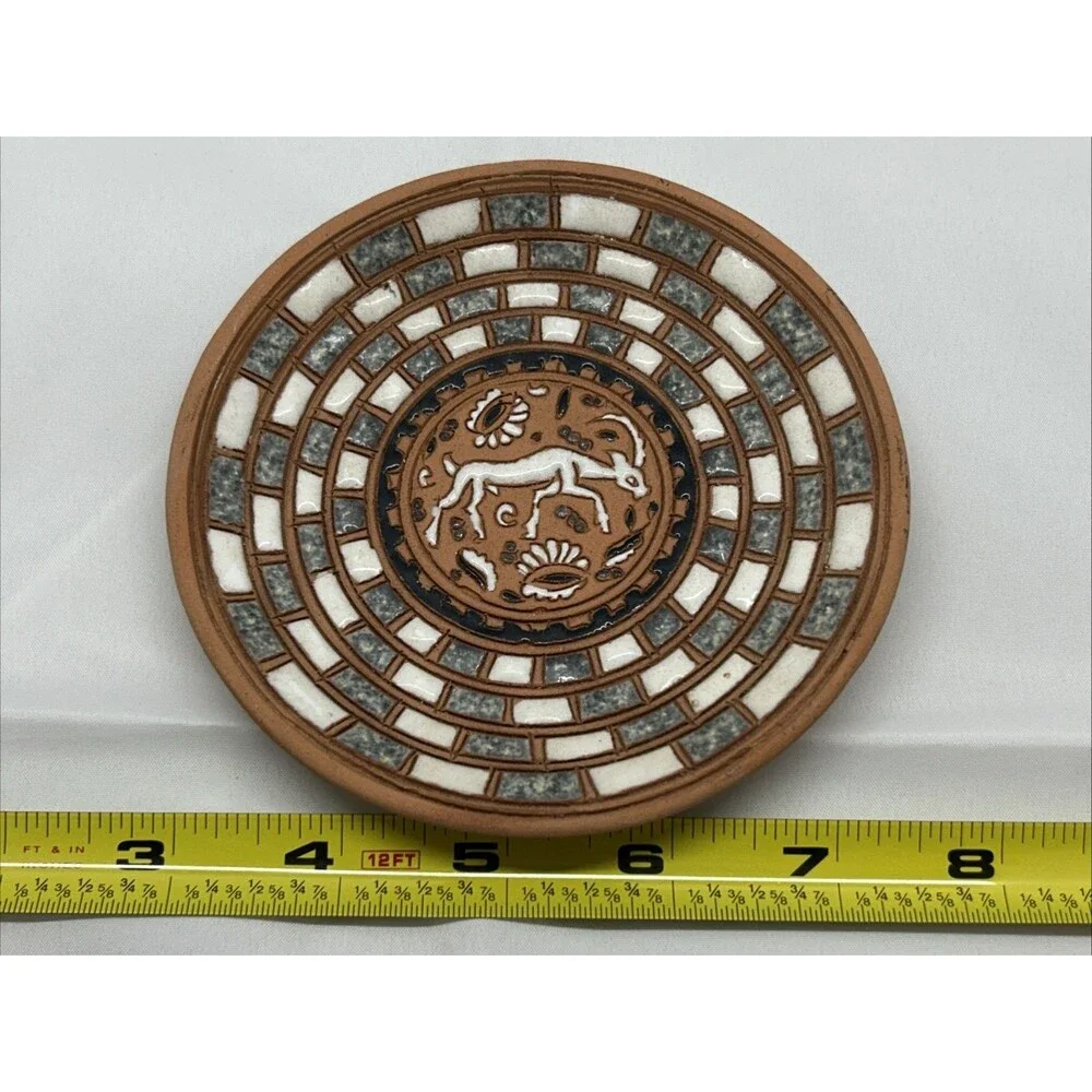 Handmade Bonis Rhodes Greece Terracotta Deer Plate Signed Original Mosaic 4.5